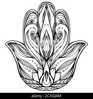 Illustration de contour Hamsa avec motif boho. Main de Bouddha. Élément vectoriel pour tatouages, cartes, impression sur T-shirts. Motif tracery dessiné à la main Illustration de Vecteur