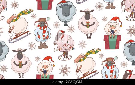 Texture sans couture avec motif de Noël coloré de mouton. Fond vectoriel pour les enveloppements, le papier peint, le tissu et votre créativité Illustration de Vecteur
