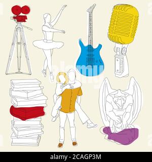 Vector illustration. Ensemble de symboles artistiques différents dans le style linéaire. Illustration de Vecteur