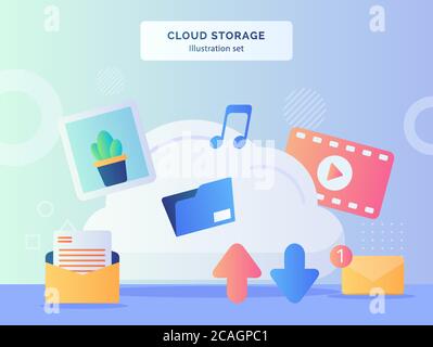 Jeu d'illustrations sur le stockage dans le cloud arrière-plan sur le cloud de l'image musique vidéo e-mail dossier télécharger le téléchargement avec un style plat Illustration de Vecteur