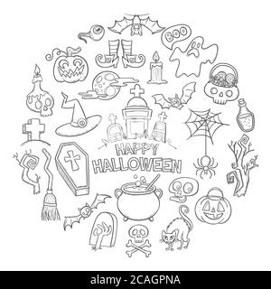 Collection Halloween Doodle Elements. Arrière-plan mignon avec des éléments de caniche dessinés à la main de la fête d'Halloween. Illustration vectorielle isolée sur blanc Illustration de Vecteur