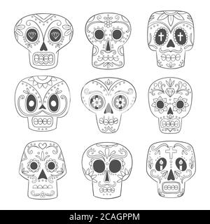 Crâne mexicain. Jolies crânes de sucre ligne simple dans un style de dessin animé. Illustration vectorielle. Illustration de Vecteur