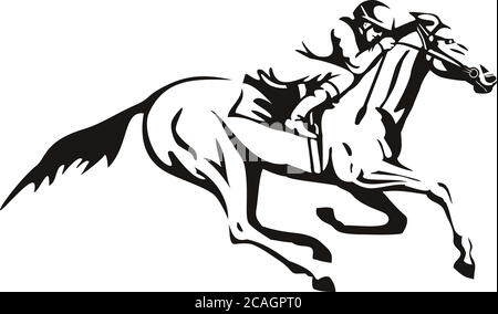 Illustration de style rétro d'une équitation jockey ou d'une course de chevaux vue de côté sur un fond isolé en noir et blanc. Illustration de Vecteur