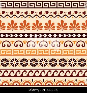 Ensemble de motifs clés grecs, vagues et motifs géométriques vectoriels sans couture - décor de vase ancien dans les tons marron, orange et jaune Illustration de Vecteur