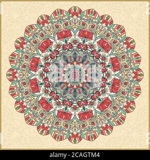 Motif fleuri coloré sans couture dessiné à la main avec mandala. Décoration circulaire de couleurs rétro. Motif oriental traditionnel. Banque D'Images