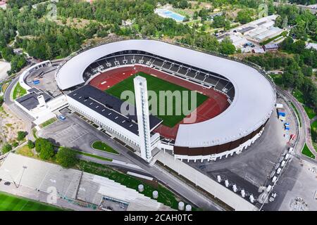 Helsinki, Finlande - 1er août 2020 : vue Arial du stade olympique d'Helsinki après rénovation. Banque D'Images