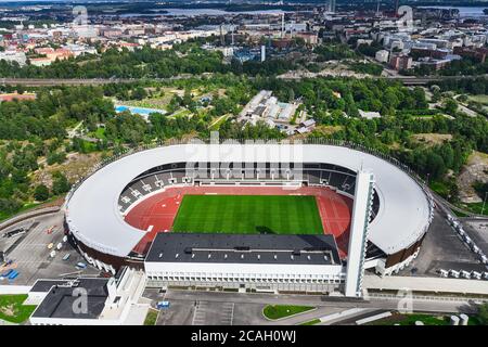 Helsinki, Finlande - 1er août 2020 : vue Arial du stade olympique d'Helsinki après rénovation. Banque D'Images