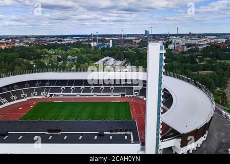 Helsinki, Finlande - 1er août 2020 : vue Arial du stade olympique d'Helsinki après rénovation. Banque D'Images