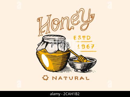 Miel et abeilles. Logo vintage pour la typographie, la boutique ou les enseignes. Badge pour tee-shirts. Esquisse de gravure dessinée à la main. Illustration vectorielle. Illustration de Vecteur