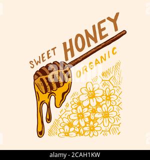 Miel et abeilles. Logo vintage pour la typographie, la boutique ou les enseignes. Badge pour tee-shirts. Esquisse de gravure dessinée à la main. Illustration vectorielle. Illustration de Vecteur