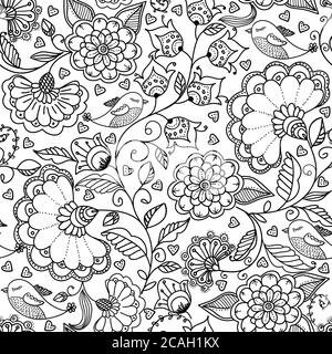 Arrière-plan abstrait fantaisie sans couture, style doodle. Page de livre de coloriage. Motif dessiné à la main en noir et blanc. Banque D'Images