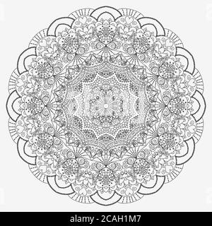 Motif pour livre de coloriage. Élément ethnique, floral, rétro, Doodle, tribal. Arrière-plan noir et blanc. Répétitions arrondies. Mandala en dentelle. Banque D'Images