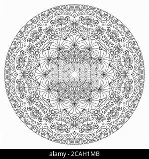 Motif pour livre de coloriage. Élément ethnique, floral, rétro, Doodle, tribal. Arrière-plan noir et blanc. Répétitions arrondies. Mandala en dentelle. Banque D'Images