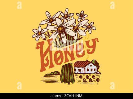 Miel et abeilles. Logo vintage pour la typographie, la boutique ou les enseignes. Badge pour tee-shirts. Esquisse de gravure dessinée à la main. Illustration vectorielle. Illustration de Vecteur
