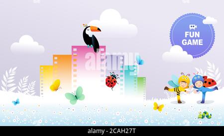 Le concept de jeu pour enfants, les enfants en costumes d'insectes mignons regarder des vidéos et imiter le comportement des insectes. Nature paysage fond, illustration Vactor. Illustration de Vecteur