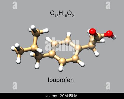 Structure de l'ibuprofène, un médicament anti-inflammatoire non stéroïdien commun, modèle boule et bâton 3D, fond gris Banque D'Images