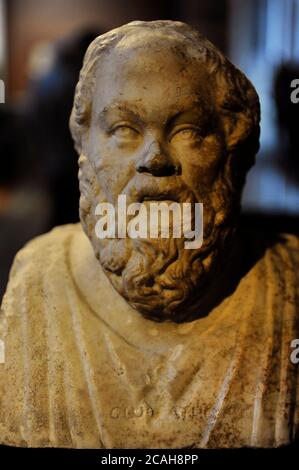 Socrates (470-399 av. J.-C.). Philosophe athénien. Détail du Double Herm de Socrates et Seneca. Ancienne statue romaine de la première moitié du 3ème siècle après J.-C. Marbre. Les portraits sont couplés en double herm par plus tard le copyst romain. Musée Neues (Nouveau musée). Berlin, Allemagne. Banque D'Images