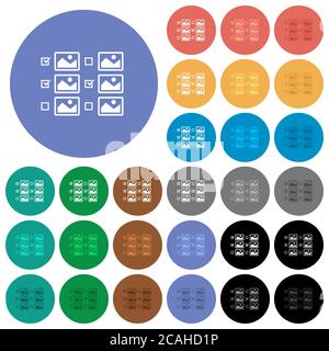 Sélection d'images multiples avec cases à cocher icônes plates multicolores sur fond rond. Inclus des variantes d'icônes blanches, claires et sombres pour le survol et un Illustration de Vecteur