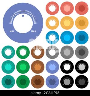 Contrôle du volume avec légendes icônes plates multicolores sur fond rond. Inclut des variantes d'icônes blanches, claires et sombres pour les États de survol et d'activité Illustration de Vecteur