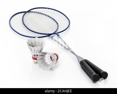 Des raquettes et des hamacs de badminton isolés sur fond blanc. Illustration 3D. Banque D'Images