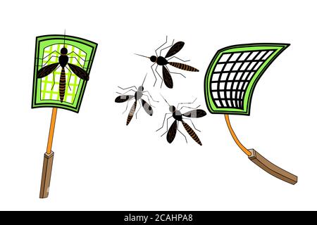 Moustiques et éclaboussures isolés sur fond blanc. Outil de destruction des insectes à la maison. Palette en plastique piégeant les insectes net raquette.vecteur de stock Illustration de Vecteur