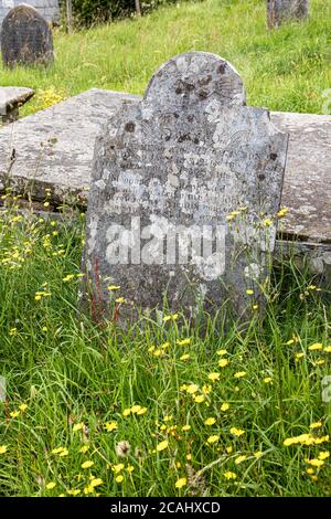 Parc national d'Exmoor - pierre tombale du XIXe siècle de Thomas Rawle (mort en 1830) dans le cimetière de l'église Stoke Pero, Somerset, Royaume-Uni Banque D'Images