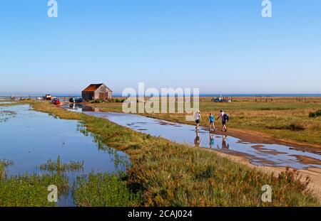 Vue sur la grange du charbon et les marais salants avec route d'accès sous l'eau à marée haute sur la côte nord de Norfolk à Thornham, Norfolk, Angleterre, Royaume-Uni. Banque D'Images