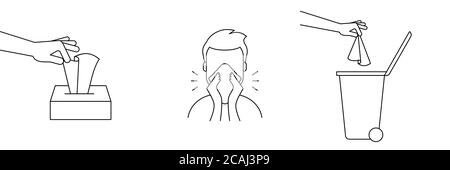Comment éliminer les mouchoirs usagés. Boîte de tissu. Homme au nez qui coule. La main jette les mouchoirs en papier dans un poubelle fermé. Prévention du coronavirus. Vecteur Illustration de Vecteur