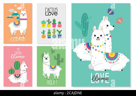 Jolies lamas, alpacas et illustrations de cactus pour la création de pépinière, poster, message d'accueil, carte d'anniversaire, douche de bébé et décoration de fête Illustration de Vecteur