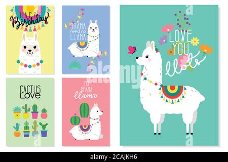 Jolies lamas, alpacas et illustrations de cactus pour la création de pépinière, poster, message d'accueil, carte d'anniversaire, douche de bébé et décoration de fête Illustration de Vecteur