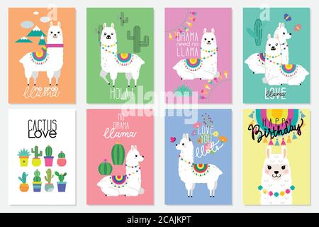 Jolies lamas, alpacas et illustrations de cactus pour la création de pépinière, poster, message d'accueil, carte d'anniversaire, douche de bébé et décoration de fête Illustration de Vecteur