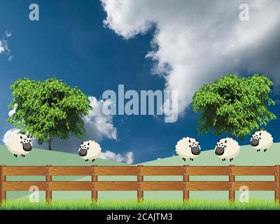 Scène rurale pittoresque avec un troupeau de moutons dans un champ de pâturage d'herbe placé contre un ciel bleu nuageux Banque D'Images