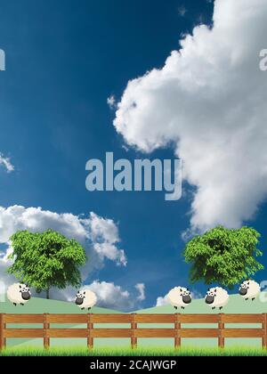 Scène rurale pittoresque avec un troupeau de moutons dans un champ de pâturage d'herbe placé contre un ciel bleu nuageux Banque D'Images