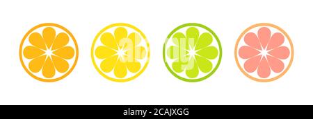 Agrumes tranches d'icônes plates, orange, citron, citron vert et pamplemousse. Illustration vectorielle. Illustration de Vecteur