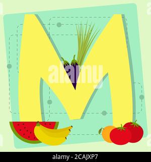 Lettre « m » de l'alphabet stylisé avec fruits et légumes : aubergine, ciboulette, pastèque, banane, orange, tomate Illustration de Vecteur