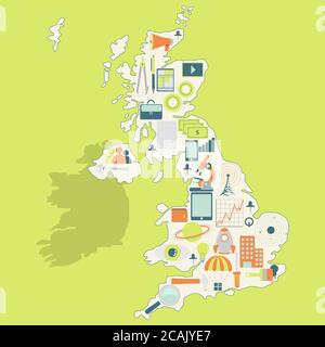 Carte de contour du Royaume-Uni avec des icônes de la technologie, des affaires, de la science, de la communication Illustration de Vecteur