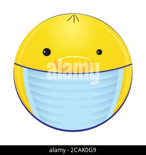 Émoticone avec masque médical sur la bouche, visage smiley dans un masque médical. Malade effrayé emoji avec masque de grippe isolé sur fond blanc. Illustration de Vecteur