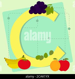 Lettre « c » de l'alphabet stylisé avec fruits et légumes - raisin, tomate, banane, citron, orange, pomme Illustration de Vecteur