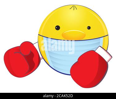 Un visage souriant avec un masque médical sur sa bouche et des gants de boxe combattent le coronavirus. Malade effrayé emoji avec masque de grippe isolé sur le dos blanc Illustration de Vecteur