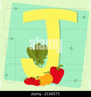 Lettre 'j' de l'alphabet stylisé avec fruits et légumes : fraise, poivre, orange, arugula Illustration de Vecteur