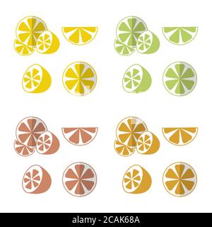 Presse-agrumes coupés en deux et en tranches. Collection de citron, citron vert, orange, pamplemousse, fruits dans un style plat avec ombre. Illustration vectorielle isolée. Illustration de Vecteur