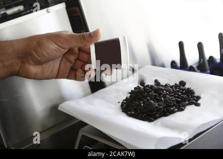 Gros plan de café versé à la main d'un homme à partir de grains de café d'un gobelet en plastique sur serviette en papier Banque D'Images