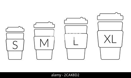 Tasse à café taille S M L XL. Différentes tailles : petite, moyenne, grande et très grande. Ensemble d'icônes de suivi de vectorisation Illustration de Vecteur