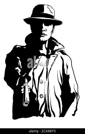 Gangster avec un pistolet dans le style de 1950 film noir et blanc - illustration vectorielle (idéal pour l'impression sur tissu ou papier, poster ou papier peint, huous Illustration de Vecteur