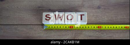 Mot SWOT sur blocs disposés derrière la règle sur bois Tableau Banque D'Images