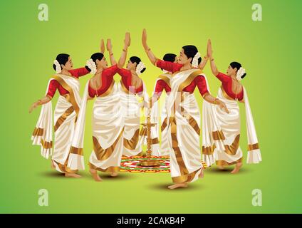 Happy onam salutations.Thiruvathira, une danse traditionnelle de Kerala. Illustration vectorielle Illustration de Vecteur
