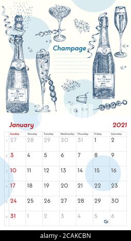 2021 page de calendrier vintage mural. Mois de janvier. La semaine commence le dimanche. Bar à alcool. Champagne cocktails affiche rétro lieu à écrire Illustration de Vecteur