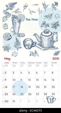 2021 page de calendrier vintage mural. Mois de mai. La semaine commence le dimanche. Bar à alcool. Tea Time cocktails Retro poster lieu pour écrire la recette Illustration de Vecteur