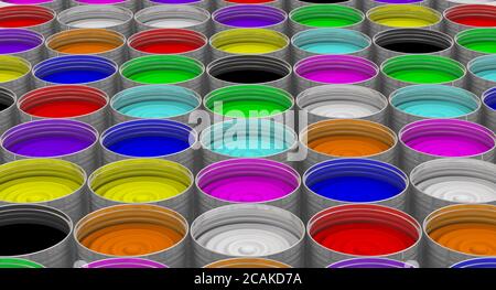 Ouvrir les boîtes de peinture. Beaucoup de boîtes ouvertes avec des peintures multicolores. Illustration 3D Banque D'Images