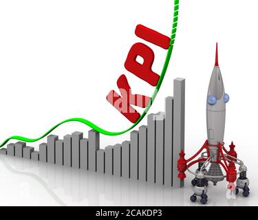 Graphique de croissance rapide avec indicateur de performance clé (KPI) Word et lancement de fusée. Illustration 3D Banque D'Images